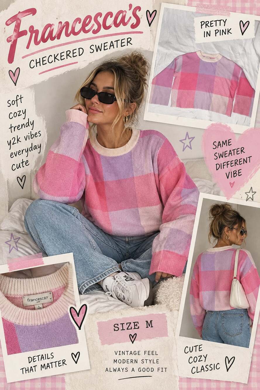 Francesca's Checkered Sweater Size M Pink Lavender Plaid Knit Crewneck